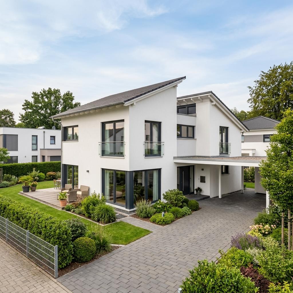Kubuswoning Kubushaus Clou 158 van RENSCH-HAUS met verspringend lessenaarsdak — prefab woning van 158 m²
