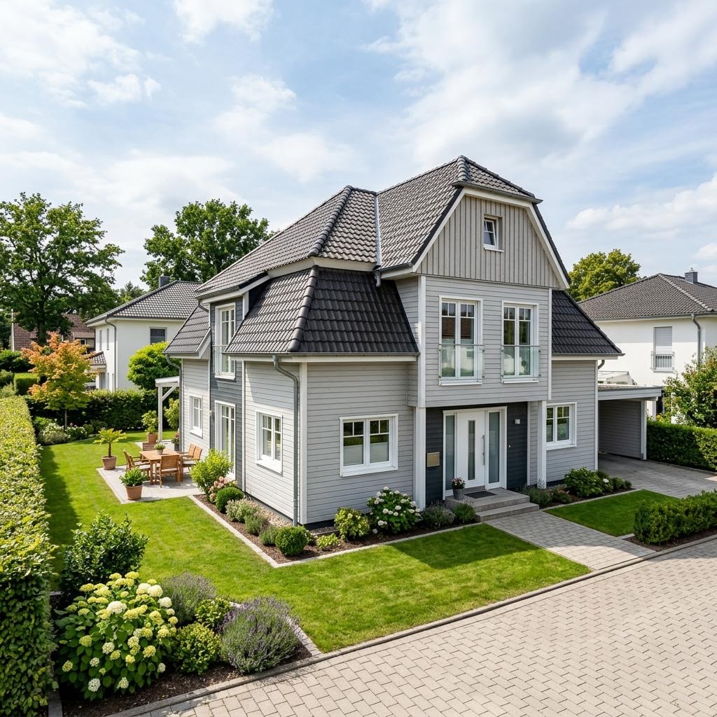 Twee-onder-een-kapwoning Doppelhaus Nordic Duo 130 van ScanHaus Marlow met wolfsdak — prefab woning van 130 m²