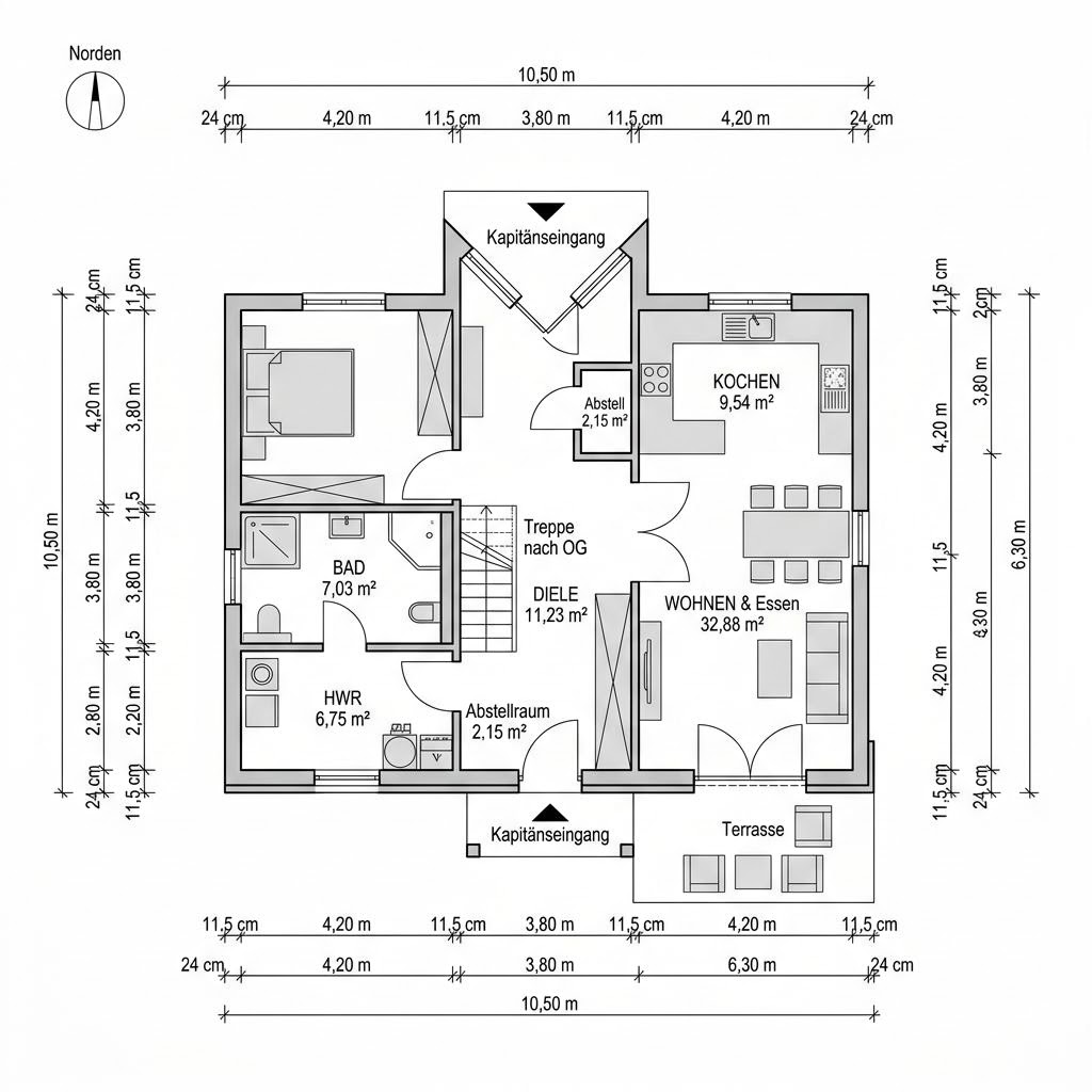 Plattegrond Kapitänshaus Rostock 124 van ScanHaus Marlow — 124 m², 4 kamers
