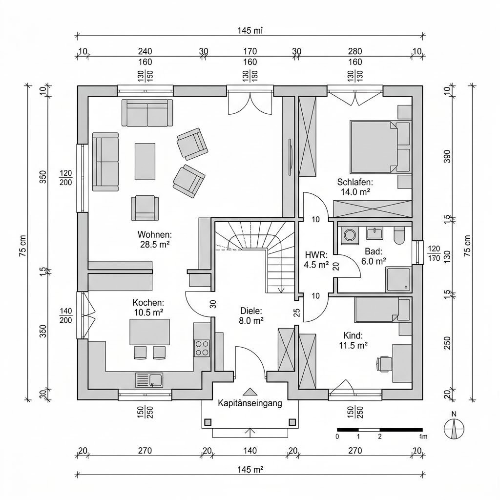 Plattegrond Kapitänshaus Stralsund 145 van ScanHaus Marlow — 145 m², 5 kamers