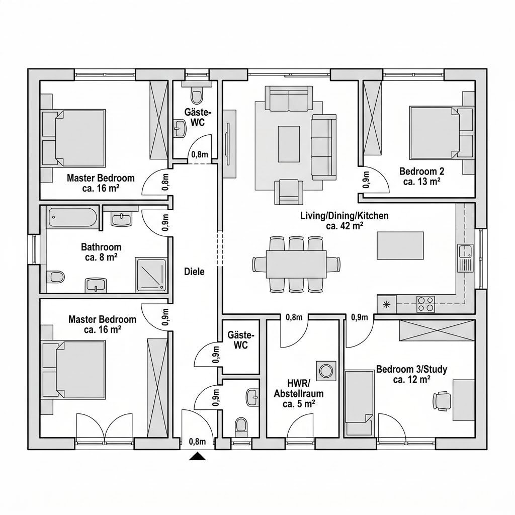 Plattegrond SH 117 B — Var. A1 van ScanHaus Marlow — 117 m², 4 kamers