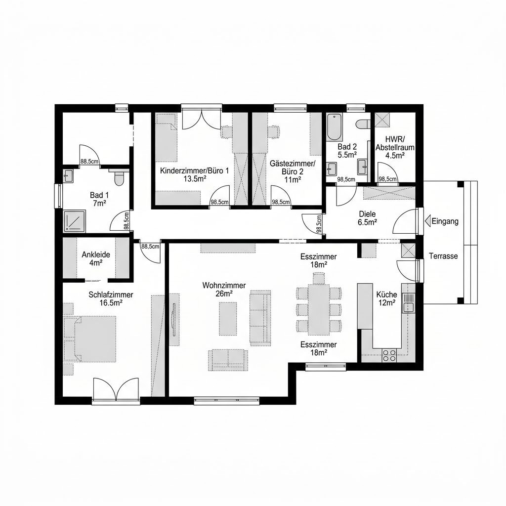Plattegrond SH 120 WB Winkelbungalow van ScanHaus Marlow — 120 m², 4 kamers