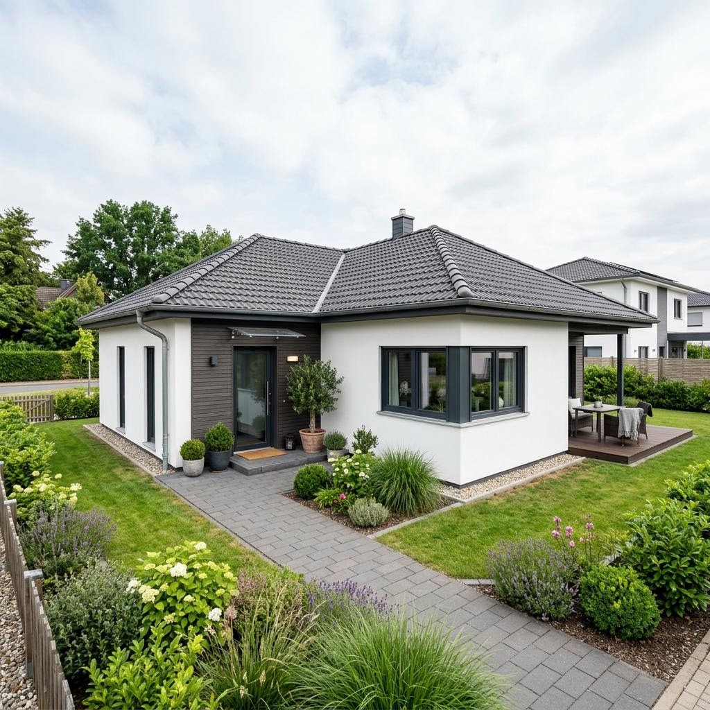 Hoekbungalow Winkelbungalow WB 102 van ScanHaus Marlow met tentdak — prefab woning van 102 m²