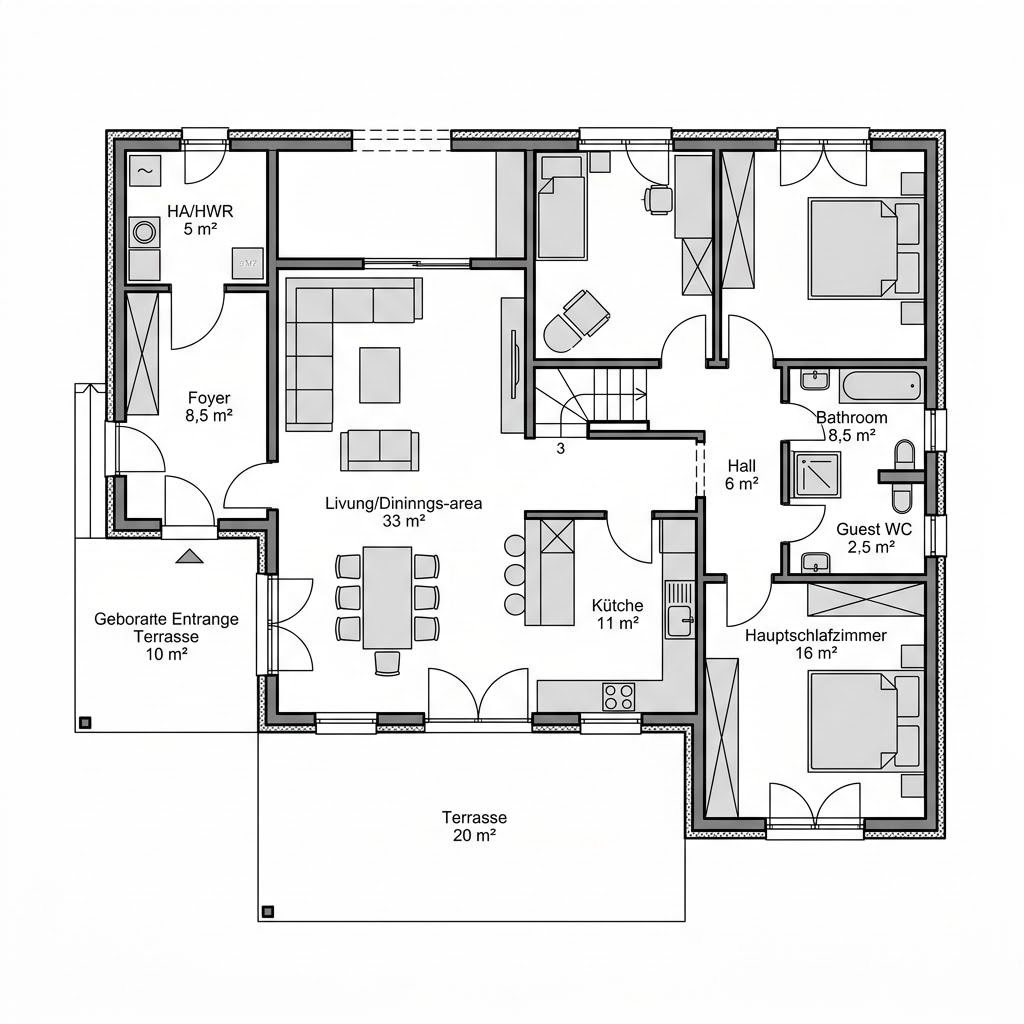 Plattegrond Winkelbungalow WB 102 van ScanHaus Marlow — 102 m², 3 kamers