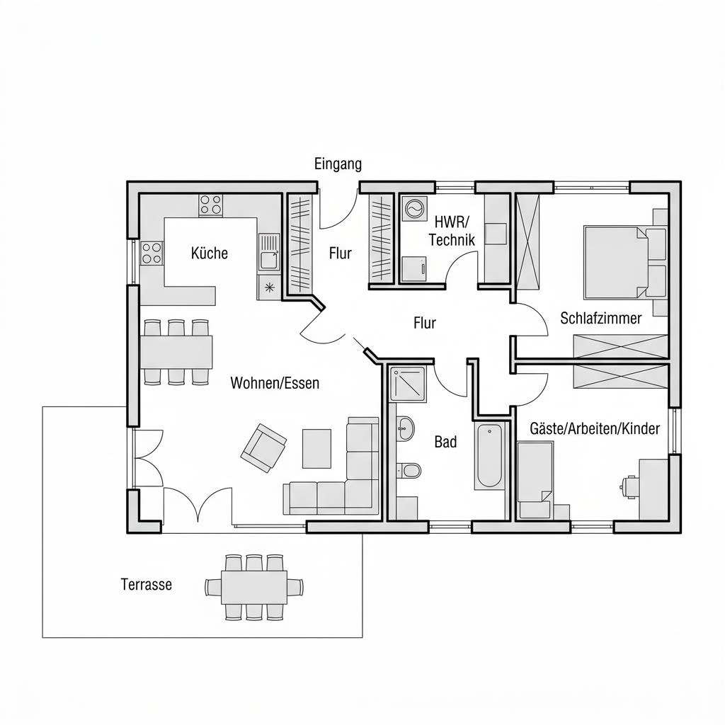 Plattegrond Winkelbungalow WB 118 van ScanHaus Marlow — 118 m², 3 kamers