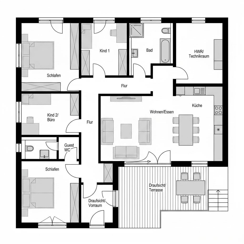 Plattegrond Winkelbungalow WB 130 Atrium van ScanHaus Marlow — 130 m², 4 kamers