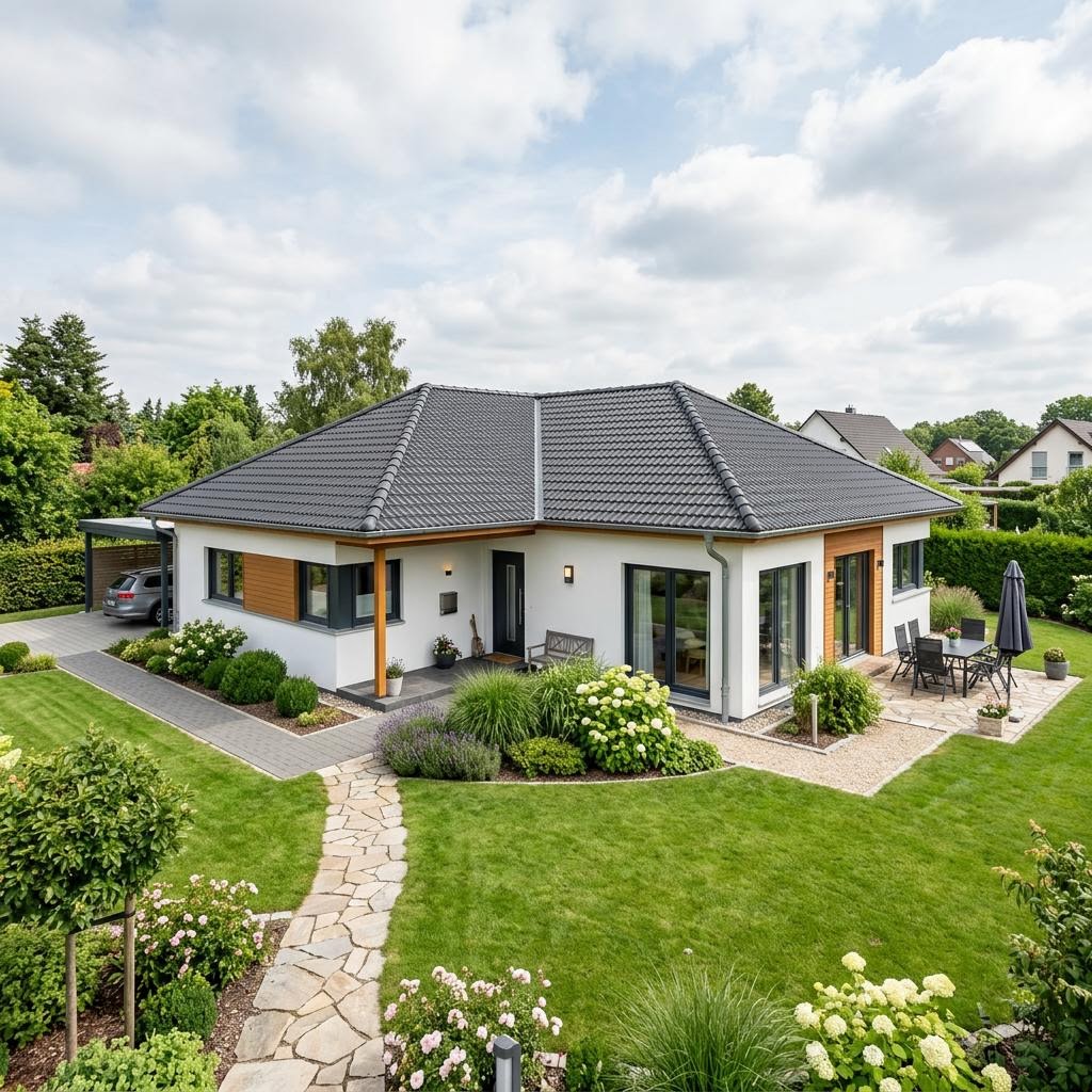 Hoekbungalow Winkelbungalow WB 140 van ScanHaus Marlow met schilddak — prefab woning van 140 m²