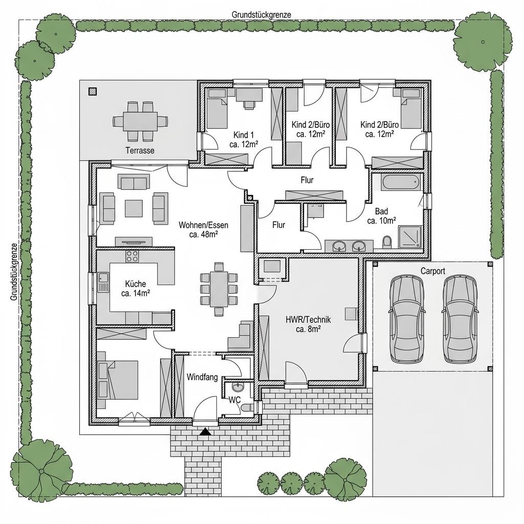 Plattegrond Winkelbungalow WB 140 van ScanHaus Marlow — 140 m², 4 kamers