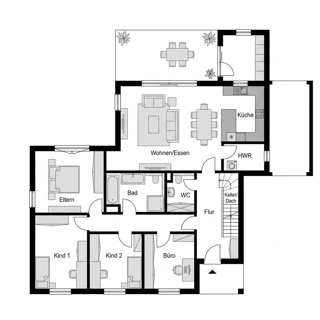 Plattegrond Winkelbungalow WB 155 van ScanHaus Marlow — 155 m², 5 kamers