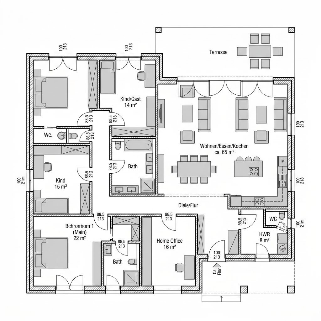 Plattegrond Winkelbungalow WB 170 van ScanHaus Marlow — 170 m², 5 kamers