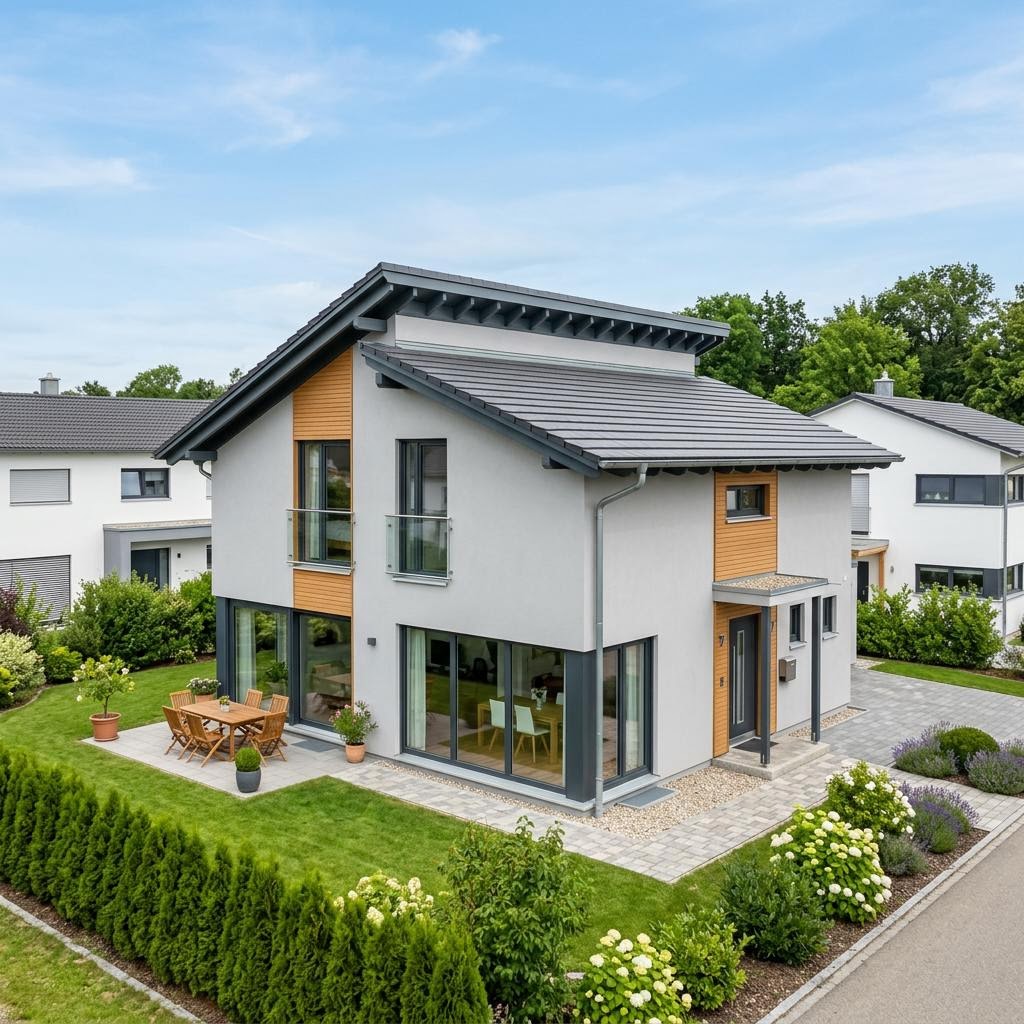 Eengezinswoning Solitaire VP 128 van Schwabenhaus met verspringend lessenaarsdak — prefab woning van 128 m²
