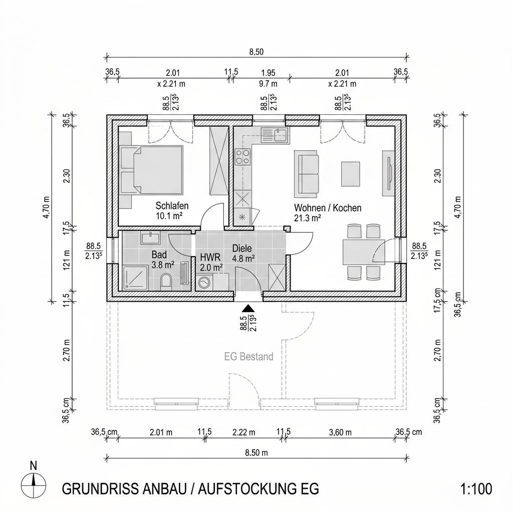 Plattegrond FlyingSpace Anbau 40 van SchwörerHaus — 40 m², 2 kamers