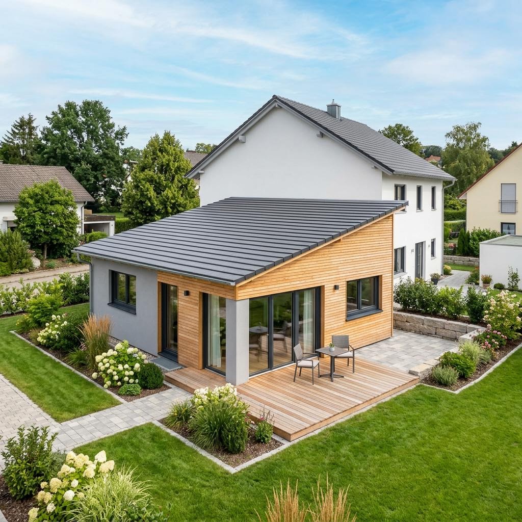 Aan- of opbouw FlyingSpace Anbau 56 van SchwörerHaus met lessenaarsdak — prefab woning van 56 m²