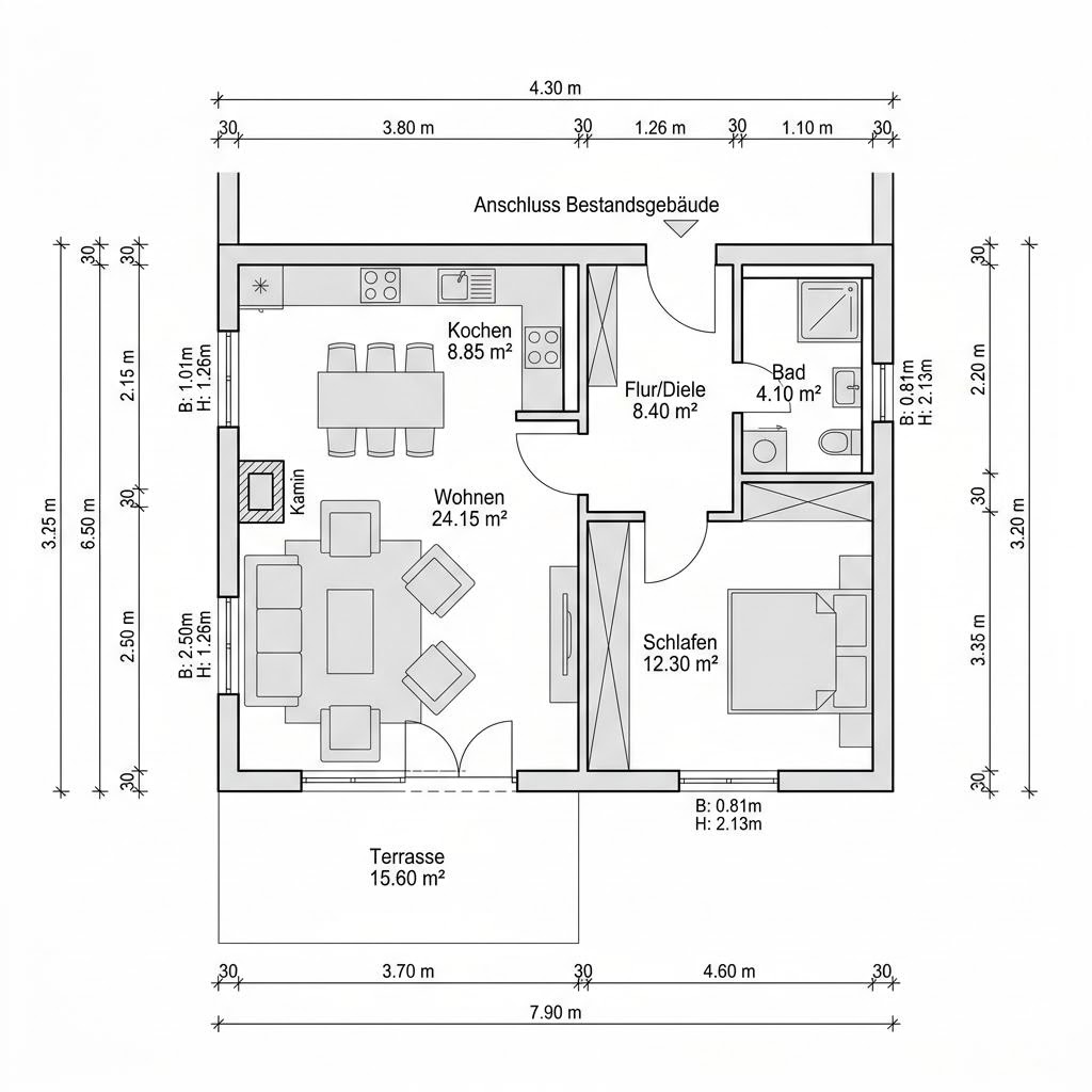 Plattegrond FlyingSpace Anbau 56 van SchwörerHaus — 56 m², 2 kamers