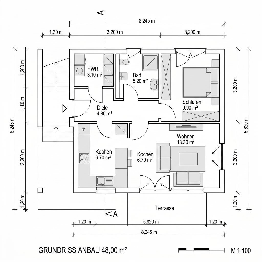 Plattegrond FlyingSpace Aufstockung 48 van SchwörerHaus — 48 m², 2 kamers
