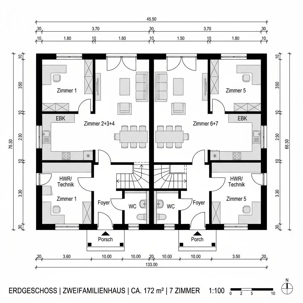 Plattegrond E 20-172 Zweifamilienhaus van SchwörerHaus — 172 m², 7 kamers