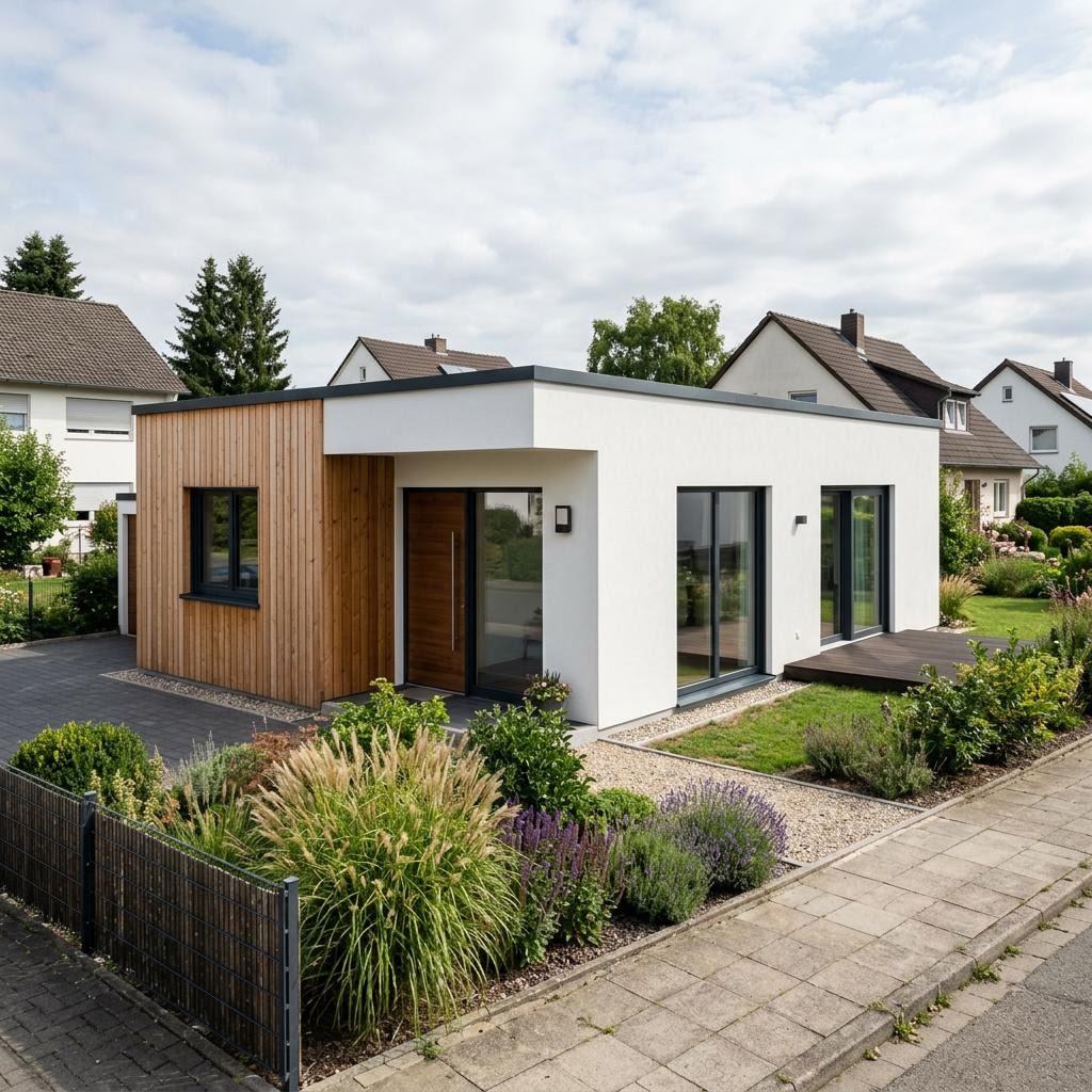 Compacte woning Option 2VG van WeberHaus met plat dak — prefab woning van 71 m²