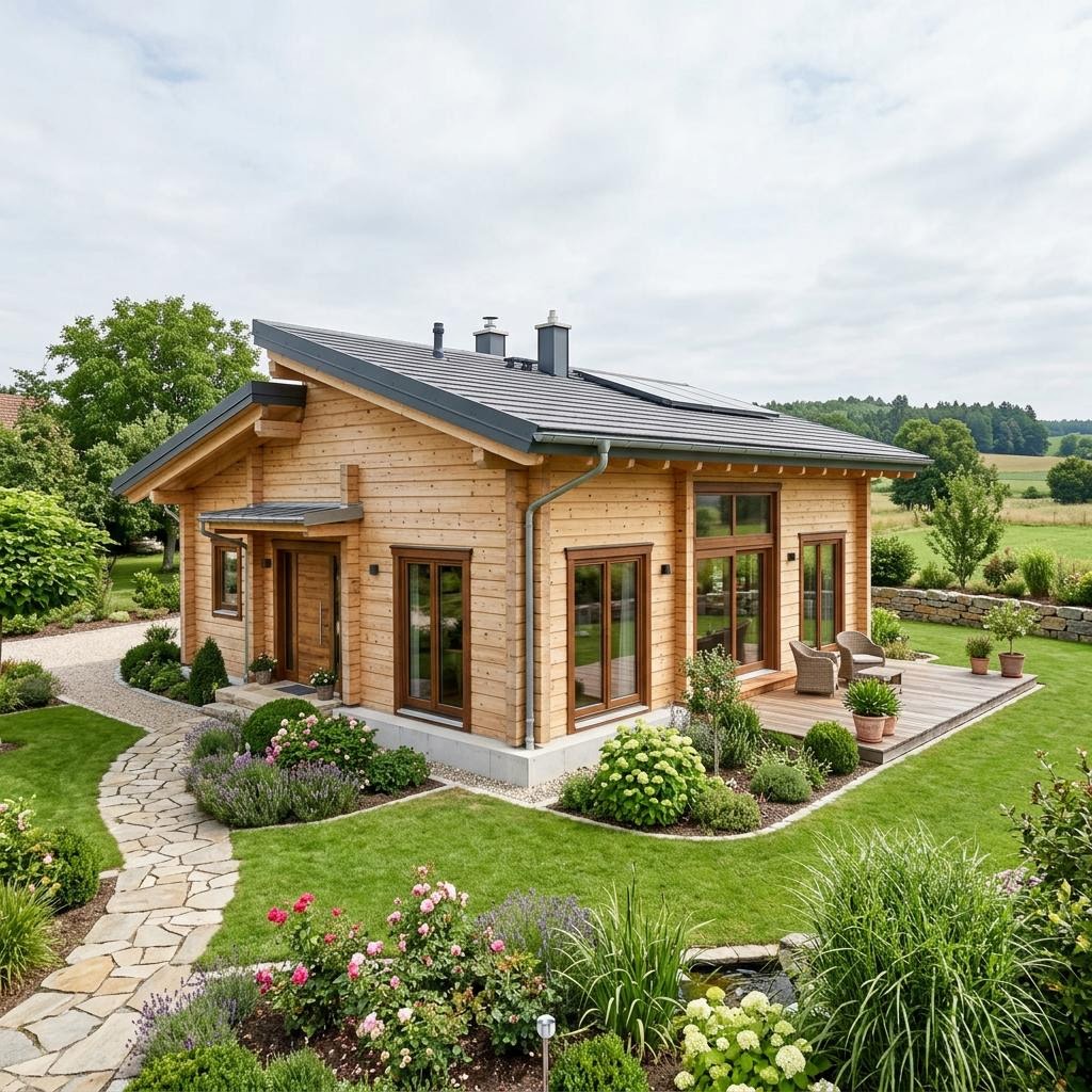 Blokhut Fichta van Stommel Haus met lessenaarsdak — prefab woning van 118 m²