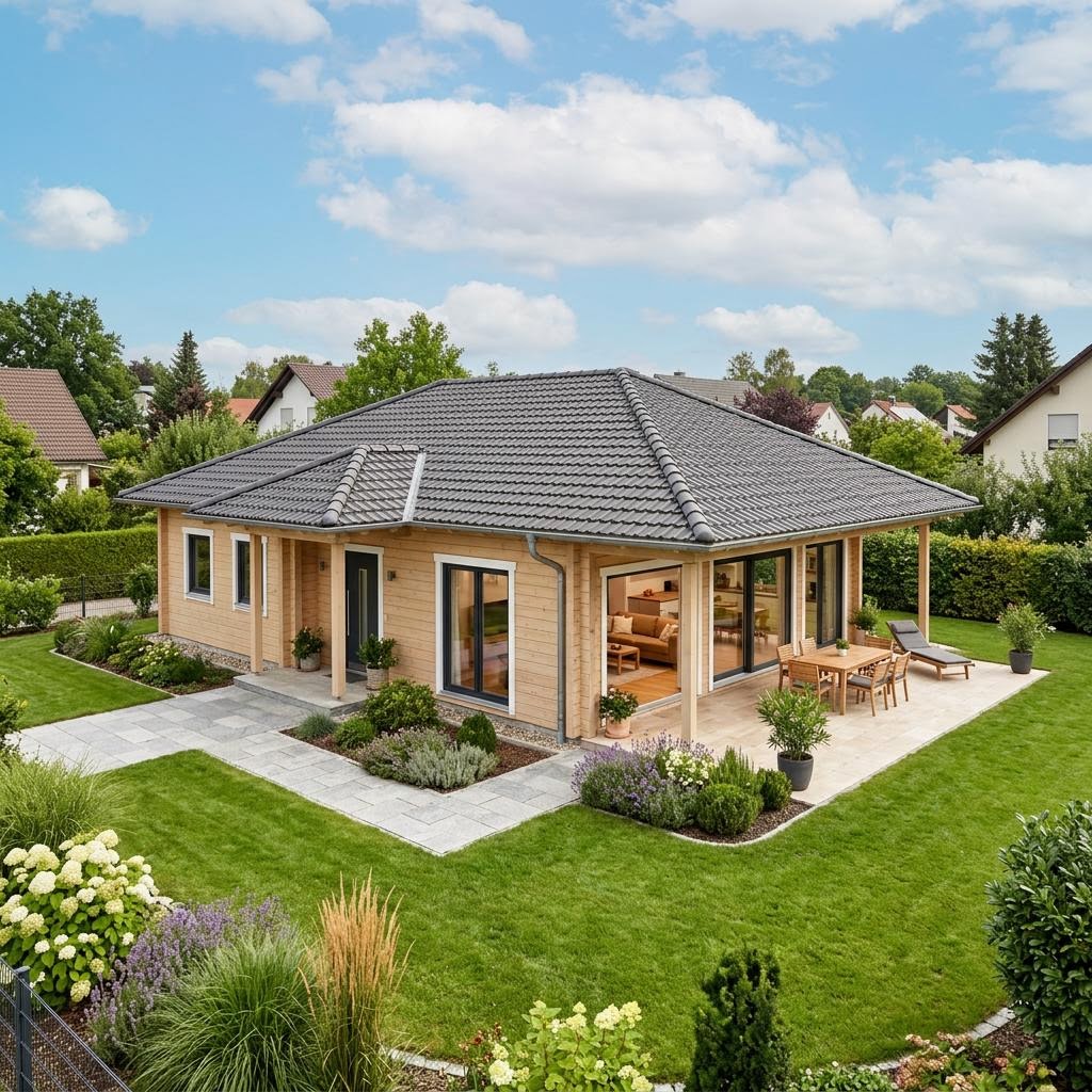 Holzhaus Bungalow Solvik 112 van Stommel Haus met schilddak — prefab woning van 112 m²