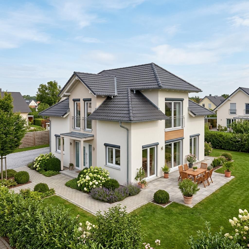 Bouwpakketwoning Bausatzhaus Basic 140 van STREIF Haus met wolfsdak — prefab woning van 140 m²