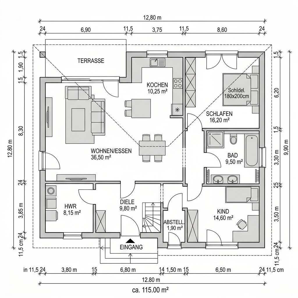 Plattegrond Bungalow Walm 115 van STREIF Haus — 115 m², 4 kamers