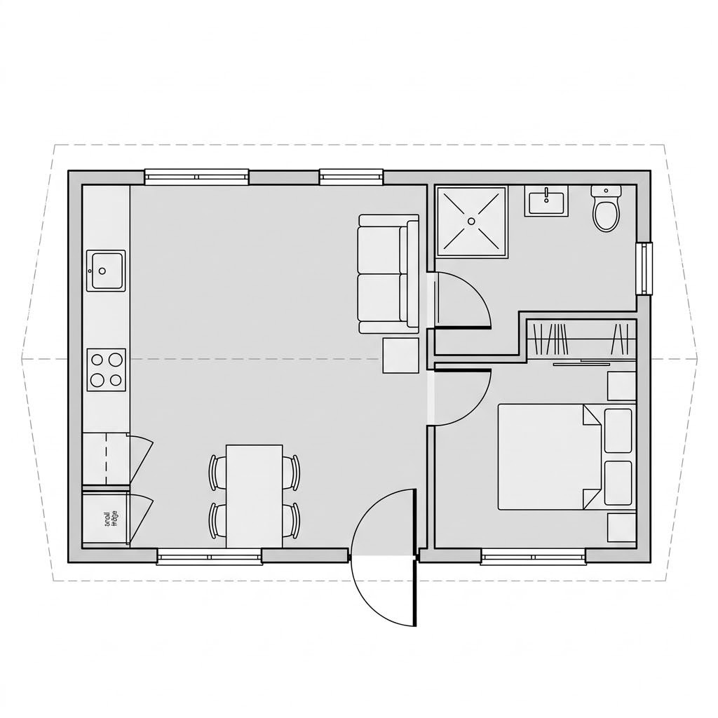 Plattegrond Dwellii Barn van Dwellii House — 39 m², 2 kamers