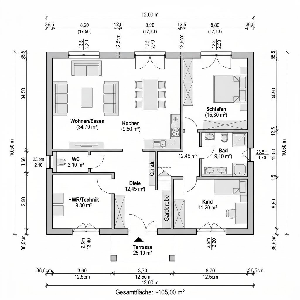 Plattegrond Bungalow Sattel 105 van Town & Country Haus Deutschland — 105 m², 3 kamers