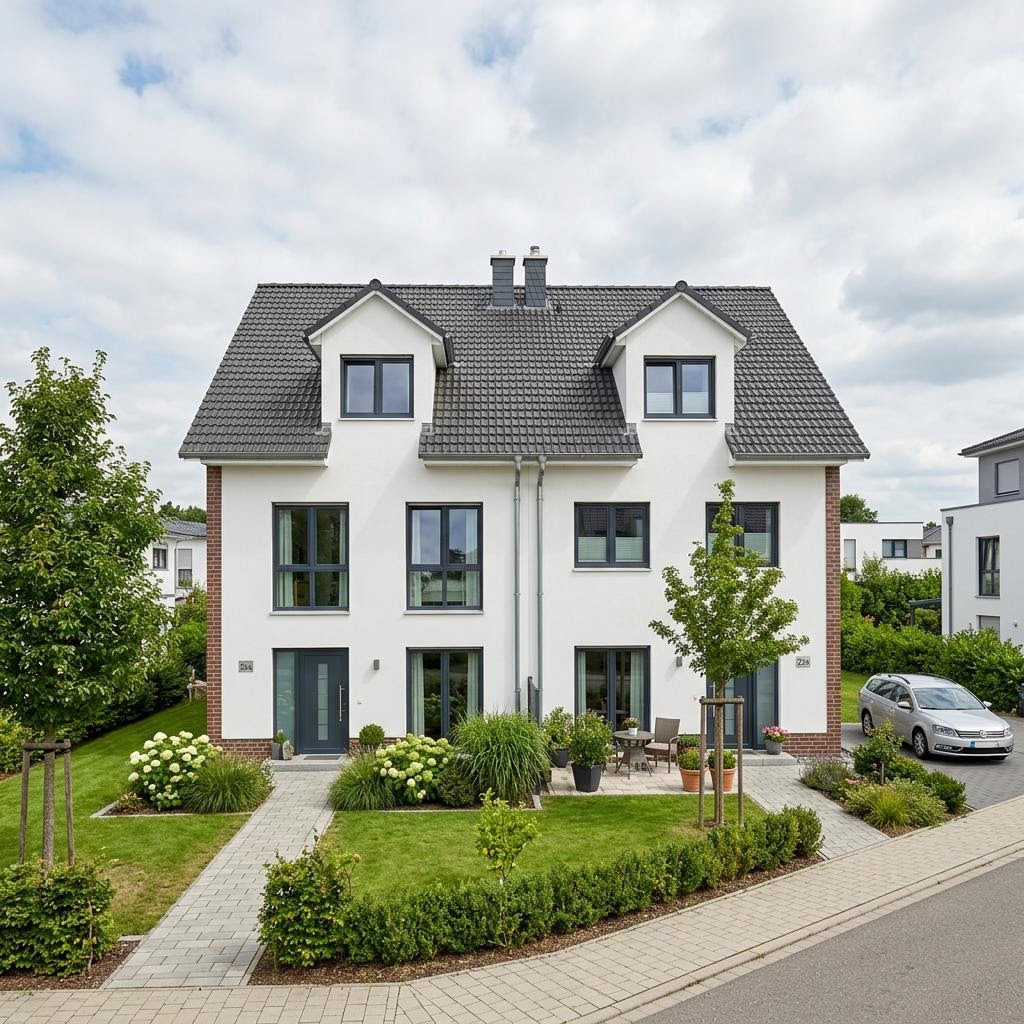 Twee-onder-een-kapwoning Doppelhaus Mannheim 134 van Town & Country Haus met zadeldak — prefab woning van 134 m²