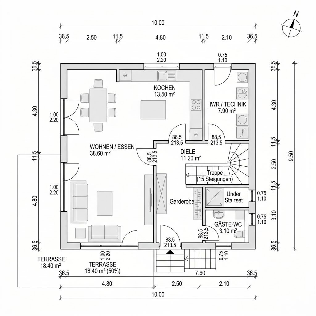 Plattegrond Flair Zelt 113 van Town & Country Haus Deutschland — 113 m², 4 kamers