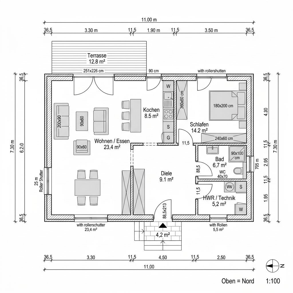Plattegrond Singlehaus Flair 70 van Town & Country Haus Deutschland — 70 m², 2 kamers