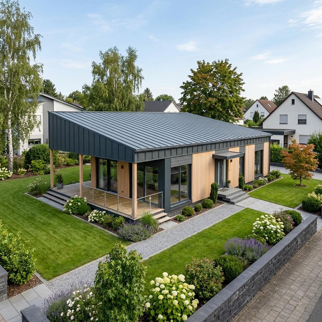 Modulaire woning Modulhaus Flex 96 van Vario-Haus - Deutschland met lessenaarsdak — prefab woning van 96 m²