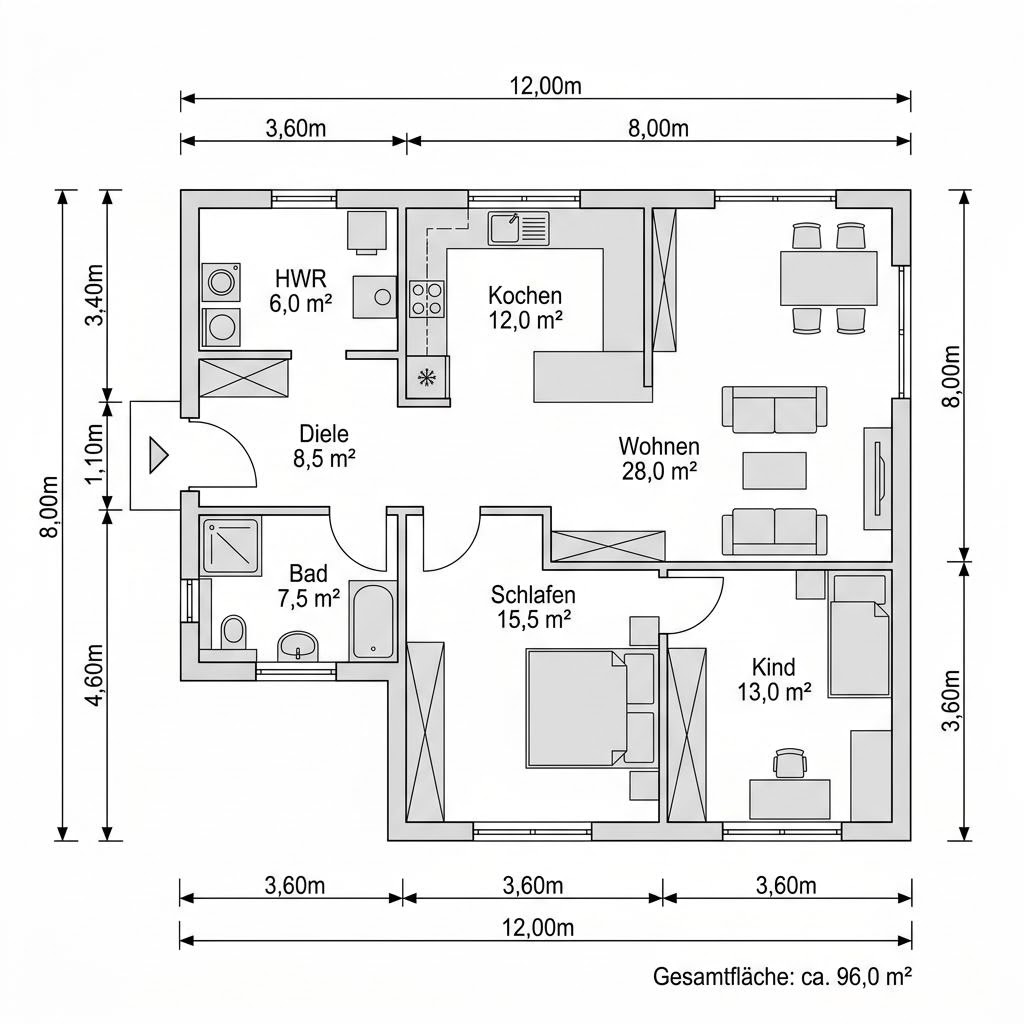 Plattegrond Modulhaus Flex 96 van Vario-Haus - Deutschland — 96 m², 4 kamers