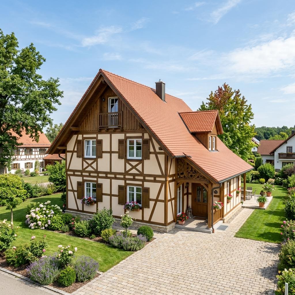 Landhuis Landhaus Fachwerk Diele 152 van Wagener Systemhausbau met aanslepend dakschild — prefab woning van 152 m²