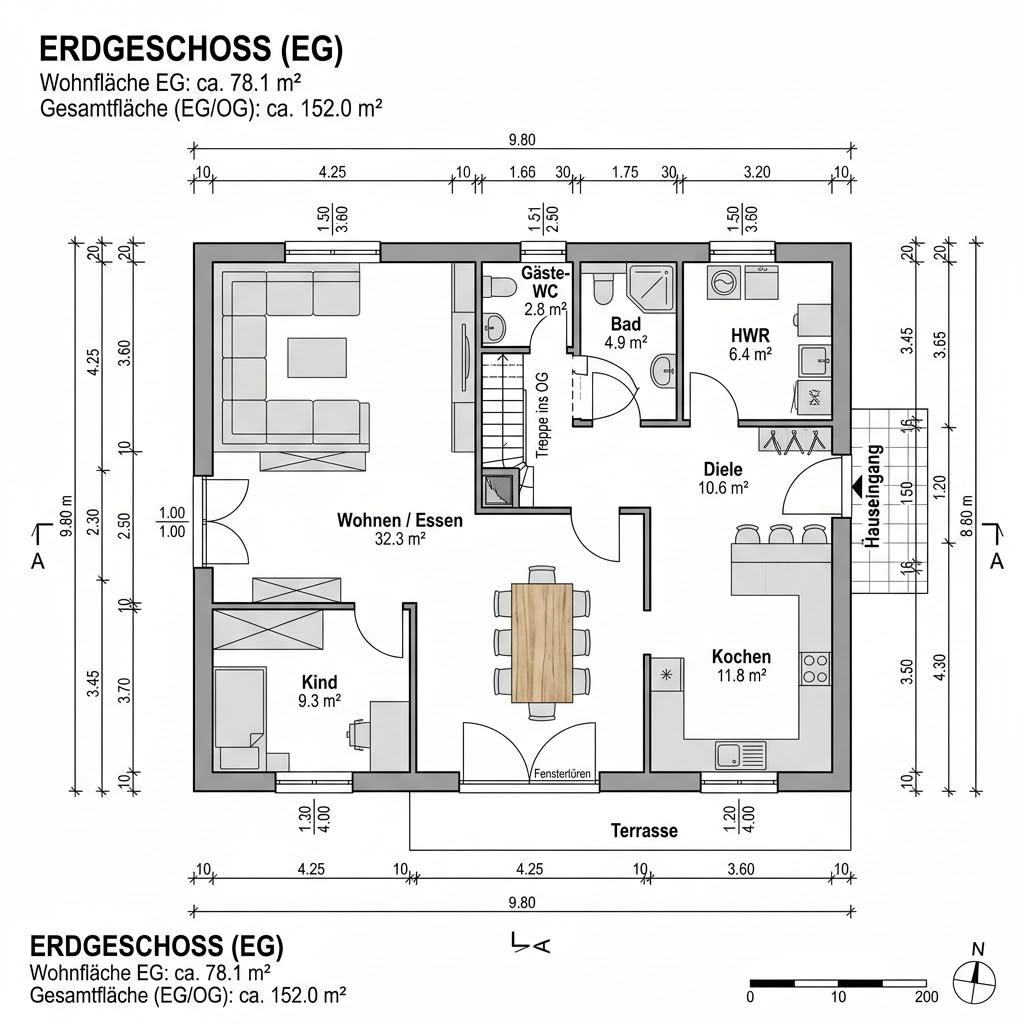 Plattegrond Landhaus Fachwerk Diele 152 van Wagener Systemhausbau — 152 m², 5 kamers