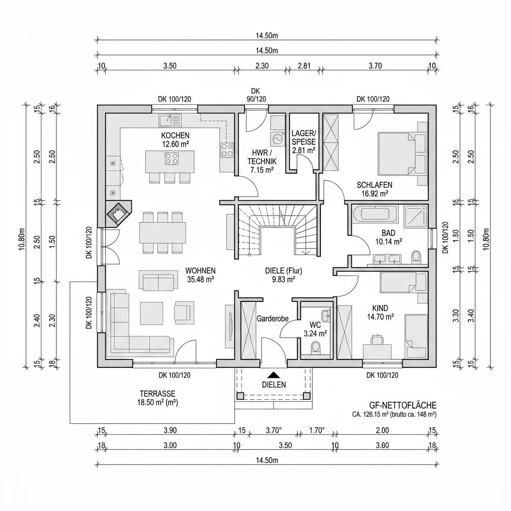 Plattegrond Landhaus Kate 126 van Wagener Systemhausbau — 126 m², 4 kamers