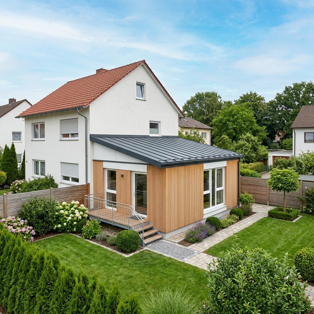 Aan- of opbouw Aufstockung Modul 60 van WeberHaus met lessenaarsdak — prefab woning van 60 m²