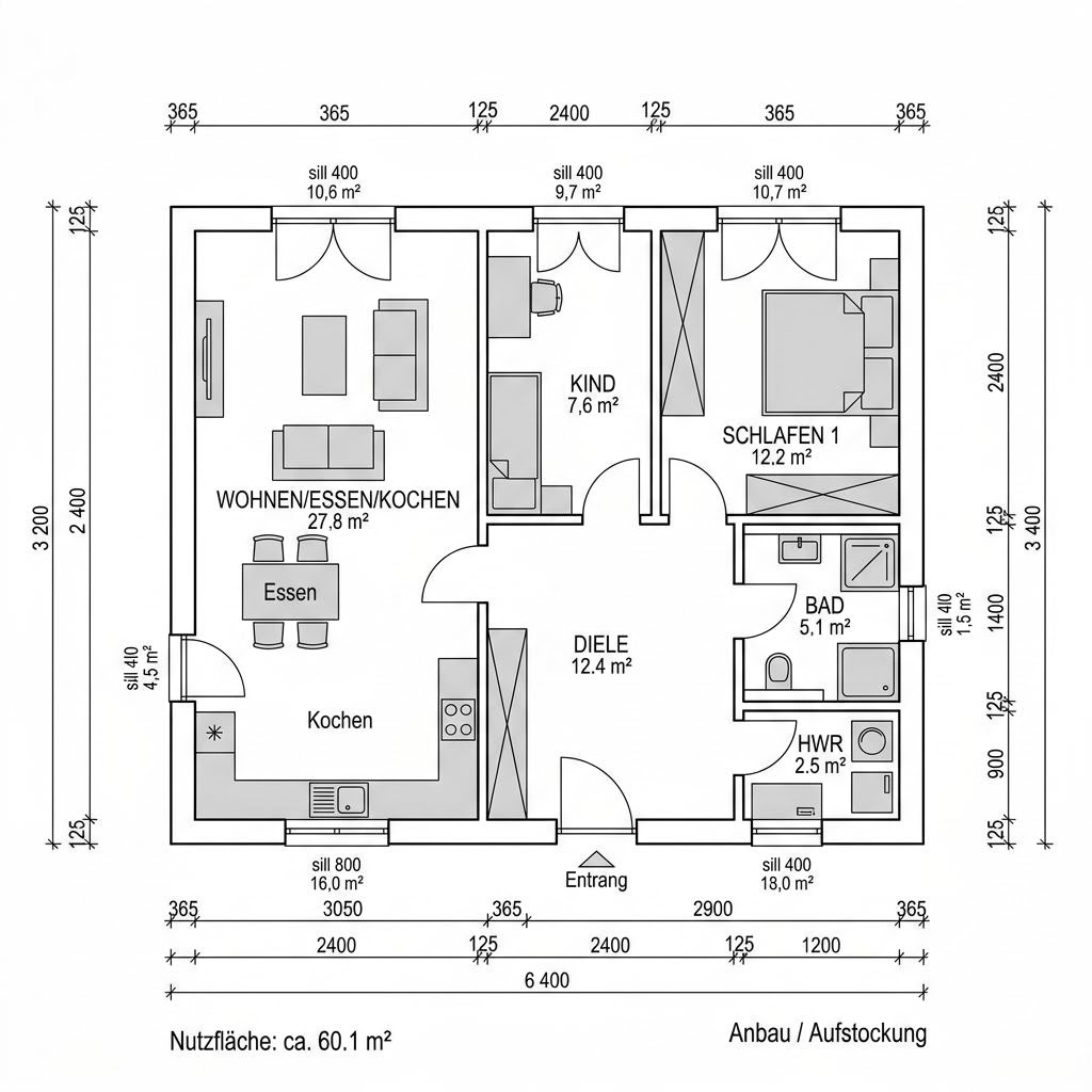 Plattegrond Aufstockung Modul 60 van WeberHaus — 60 m², 3 kamers