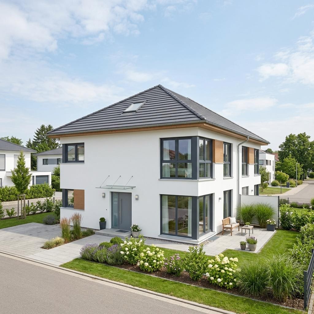 Twee-onder-een-kapwoning Doppelhaus Option Plus 126 van WeberHaus met schilddak — prefab woning van 126 m²