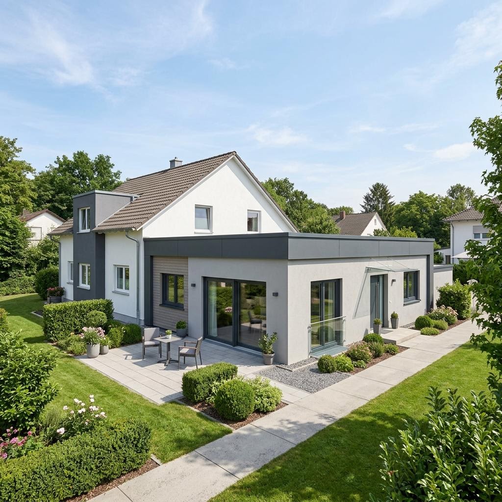 Aan- of opbouw WohnModul Anbau 52 van WeberHaus met plat dak — prefab woning van 52 m²