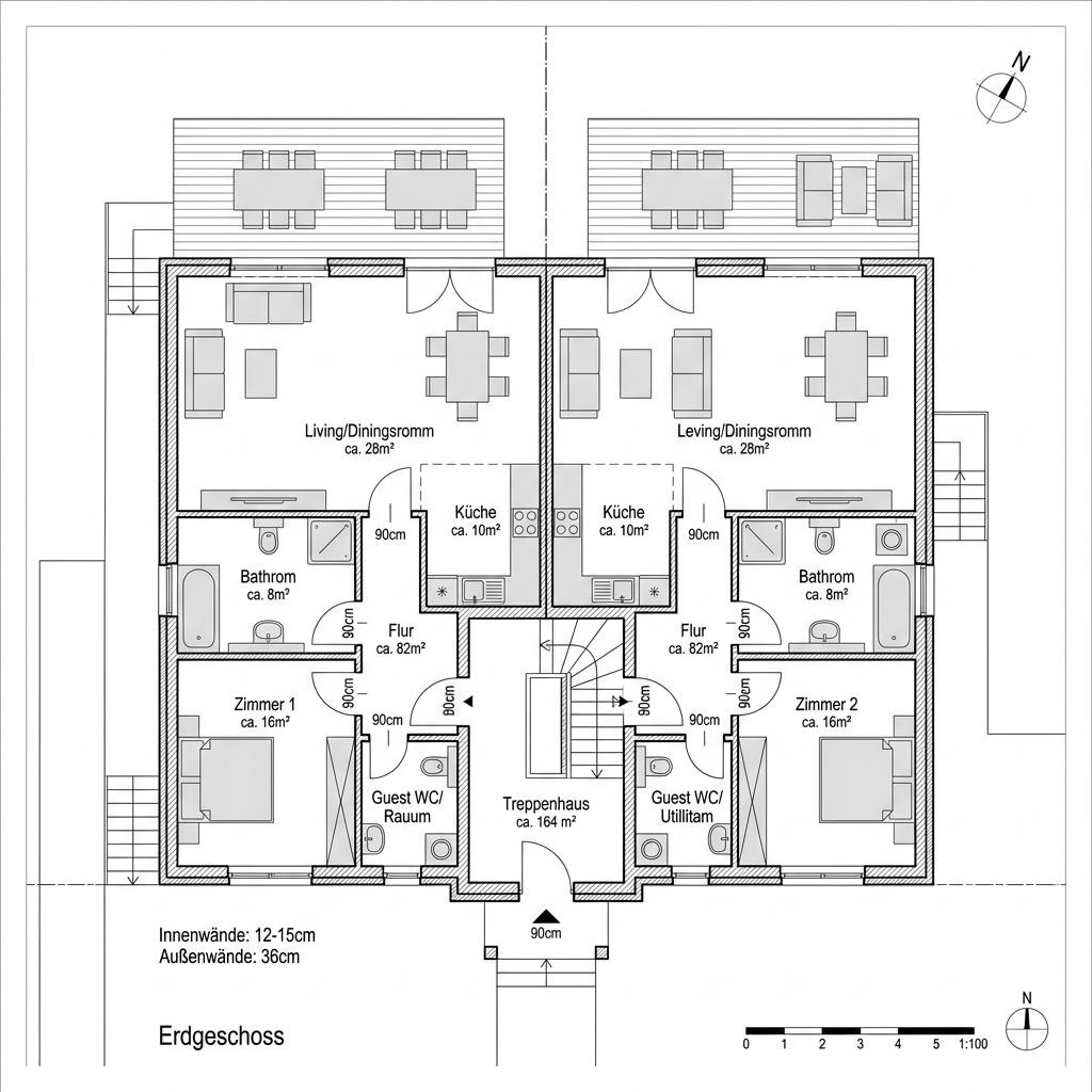 Plattegrond Sunshine 322 Zweifamilienhaus van WeberHaus — 164 m², 6 kamers