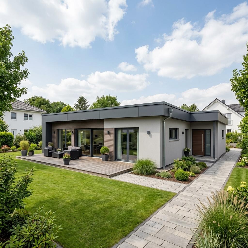 Bungalow Bungalow Flach 102 van WEIOTT-Massiv-Haus met plat dak — prefab woning van 102 m²