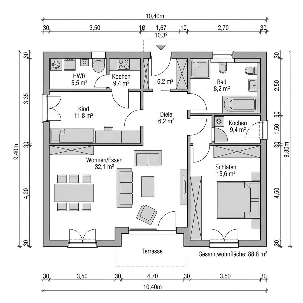 Plattegrond Bungalow Flach 102 van WEIOTT-Massiv-Haus — 102 m², 3 kamers