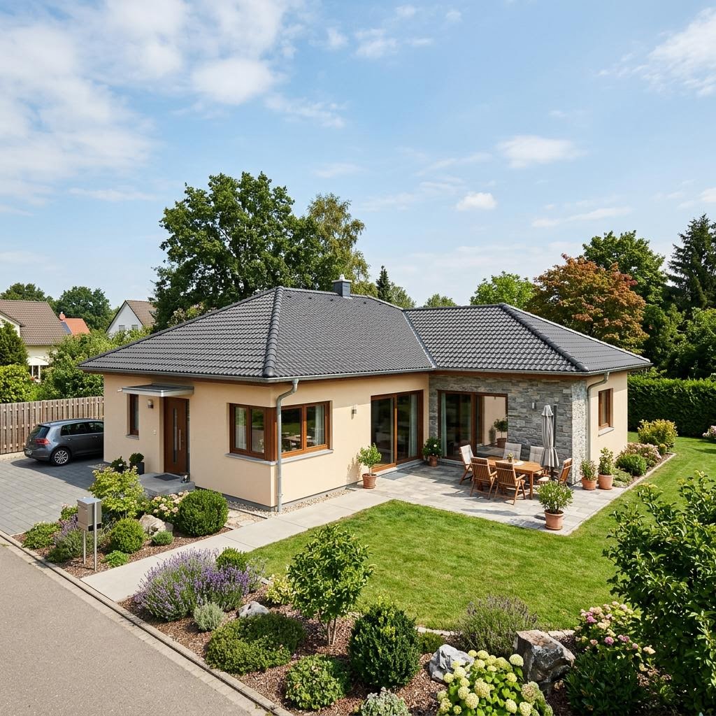 Hoekbungalow Winkelbungalow Cumulus 770 van Heinz von Heiden Massivhäuser met schilddak — prefab woning van 146 m²