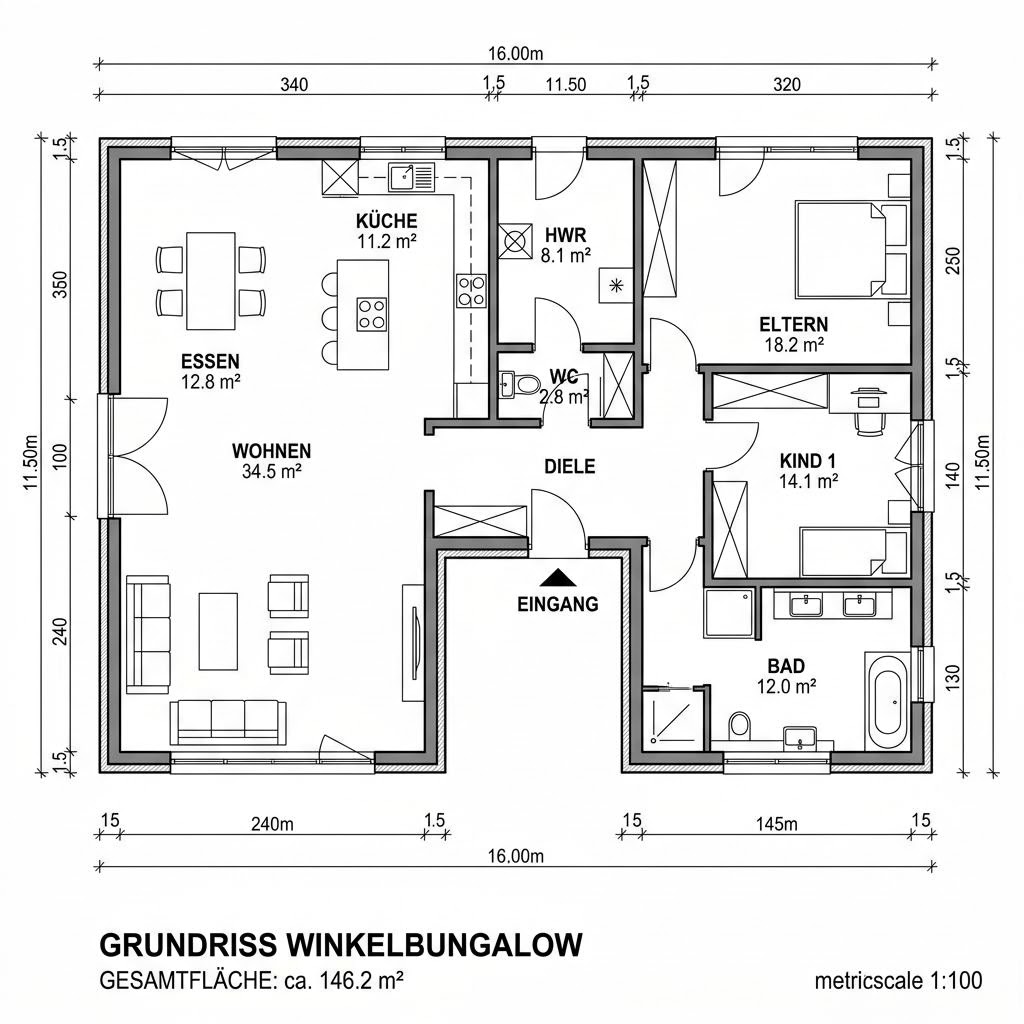 Plattegrond Winkelbungalow Cumulus 770 van Heinz von Heiden Massivhäuser — 146 m², 4 kamers