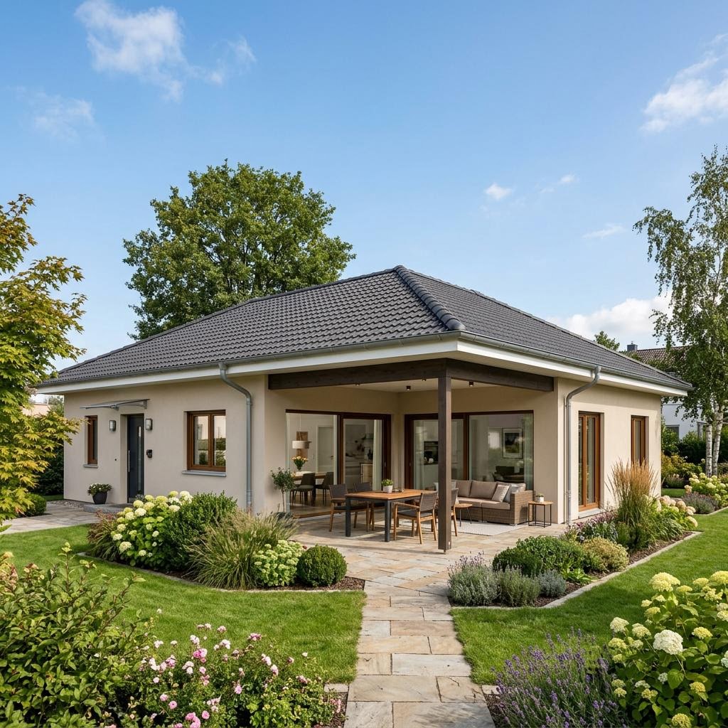 Hoekbungalow Winkelbungalow Cumulus 962 van Heinz von Heiden Massivhäuser met schilddak — prefab woning van 126 m²