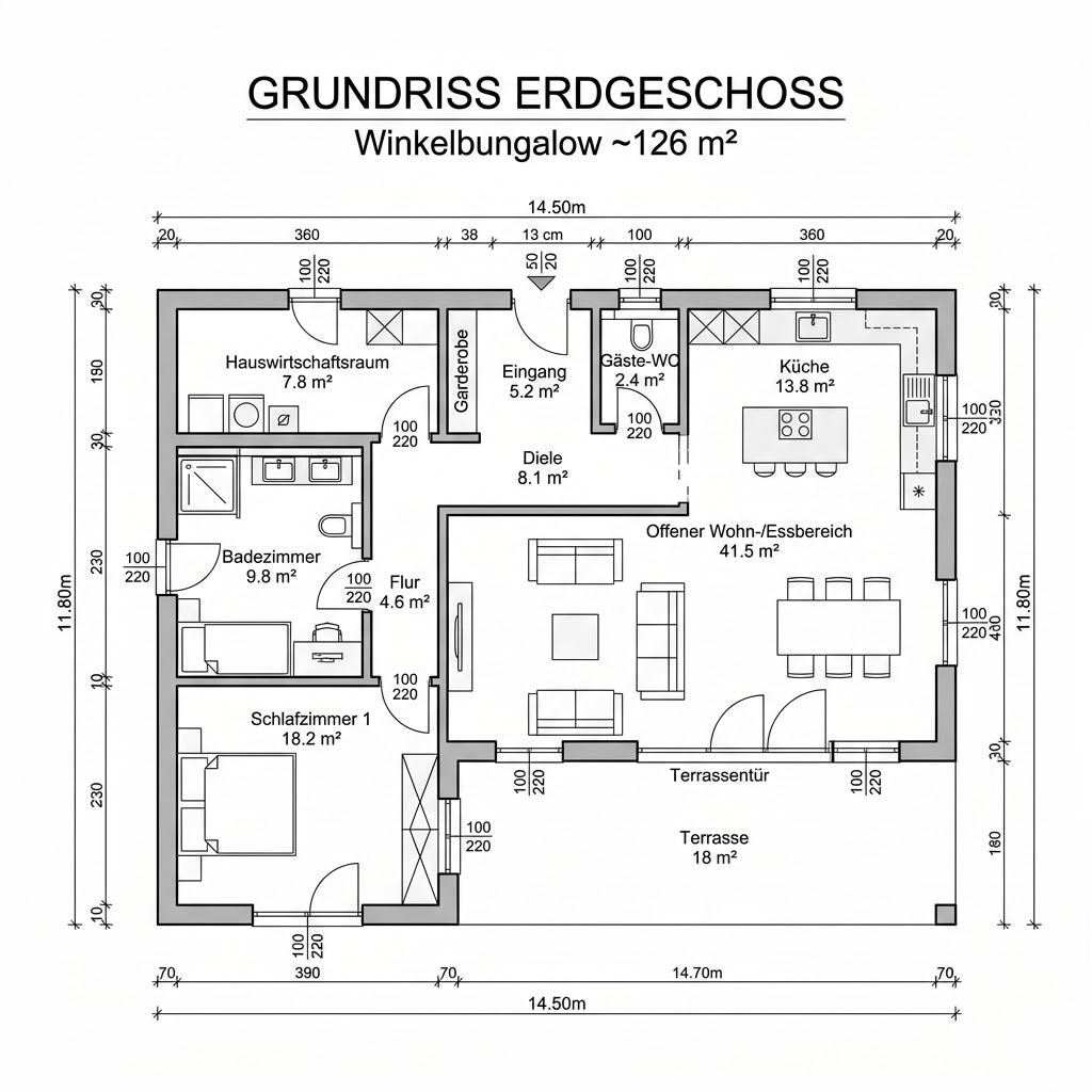 Plattegrond Winkelbungalow Cumulus 962 van Heinz von Heiden Massivhäuser — 126 m², 3 kamers