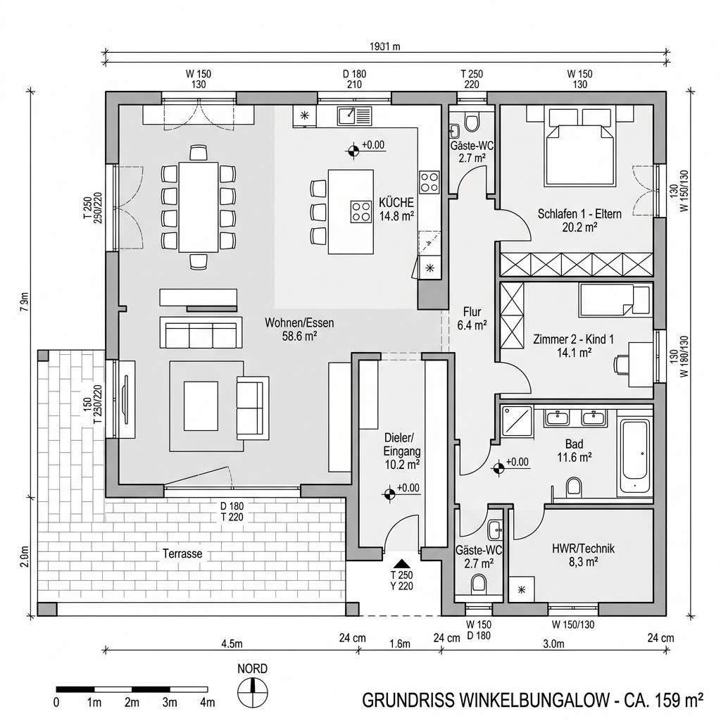 Plattegrond Bungalow Purea van Kern-Haus — 159 m², 5 kamers