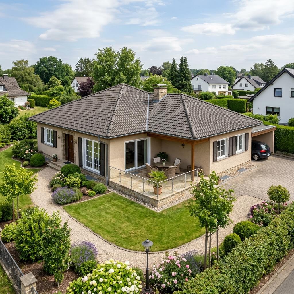 Hoekbungalow Winkelbungalow 108 van Town & Country Haus met schilddak — prefab woning van 108 m²