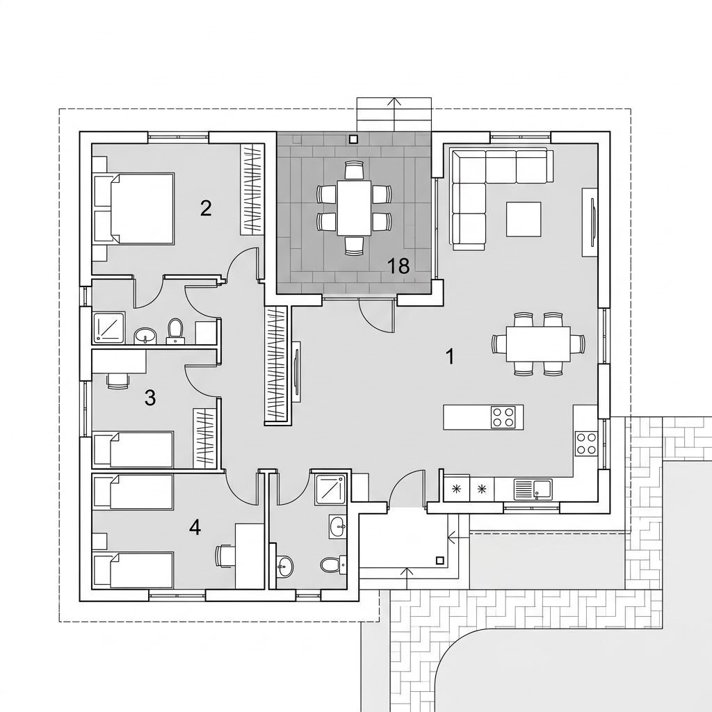 Plattegrond Winkelbungalow 108 van Town & Country Haus — 108 m², 4 kamers