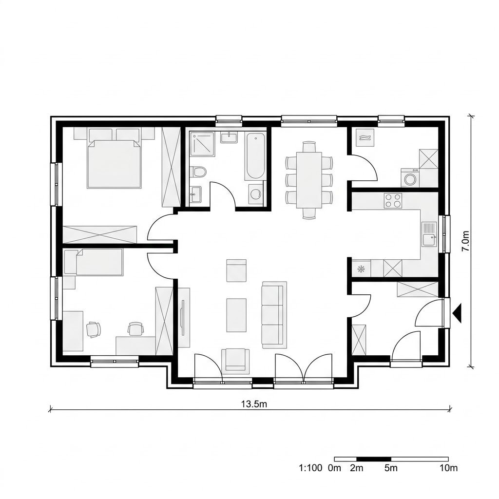 Plattegrond Modulhaus Autark van Wohnwagon — 95 m², 3 kamers